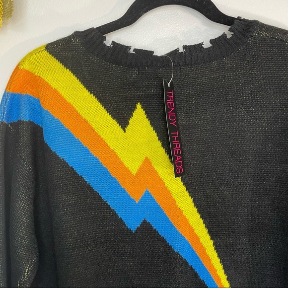S, M, L NWT DISTRESSED BLACK YELLOW ORANGE BLUE CREW NECK SWEATER - Picture 6 of 8
